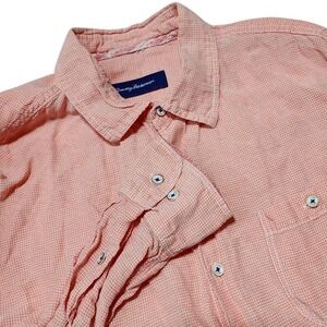 Tommy Bahama Button Up Mens Large Orange Gingham Linen Tencel Shirt LS